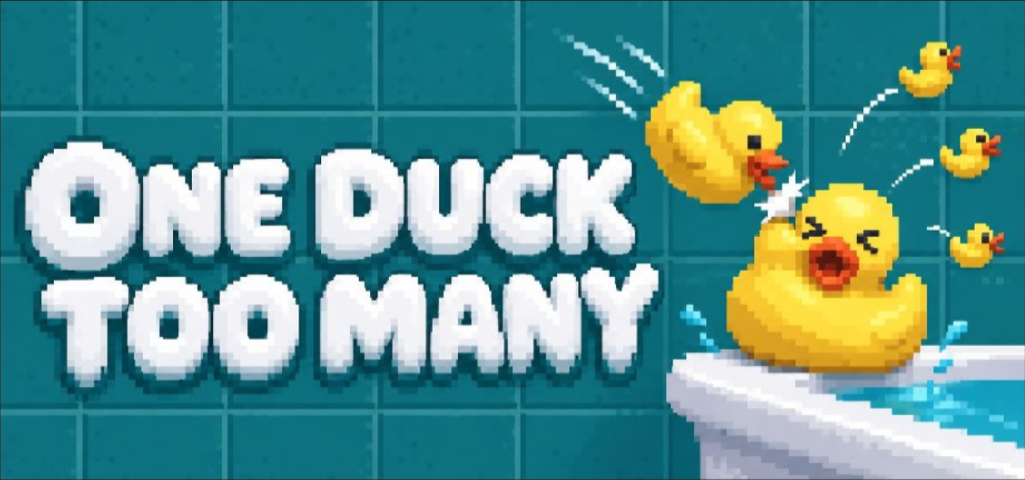 One Duck Too Many key art: rubber ducks flying out of a bathtub