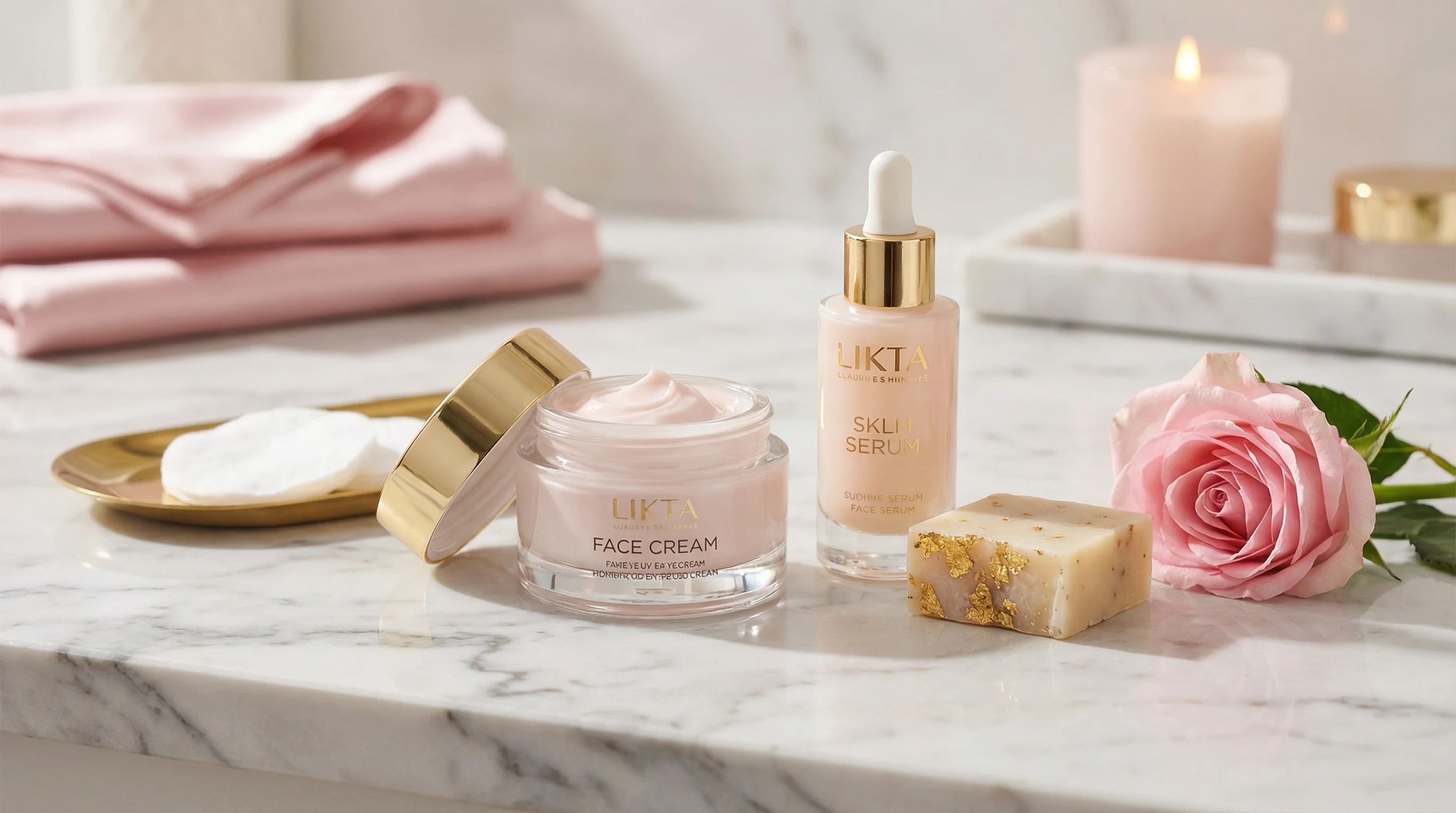 Beauty studio products displayed on marble counter