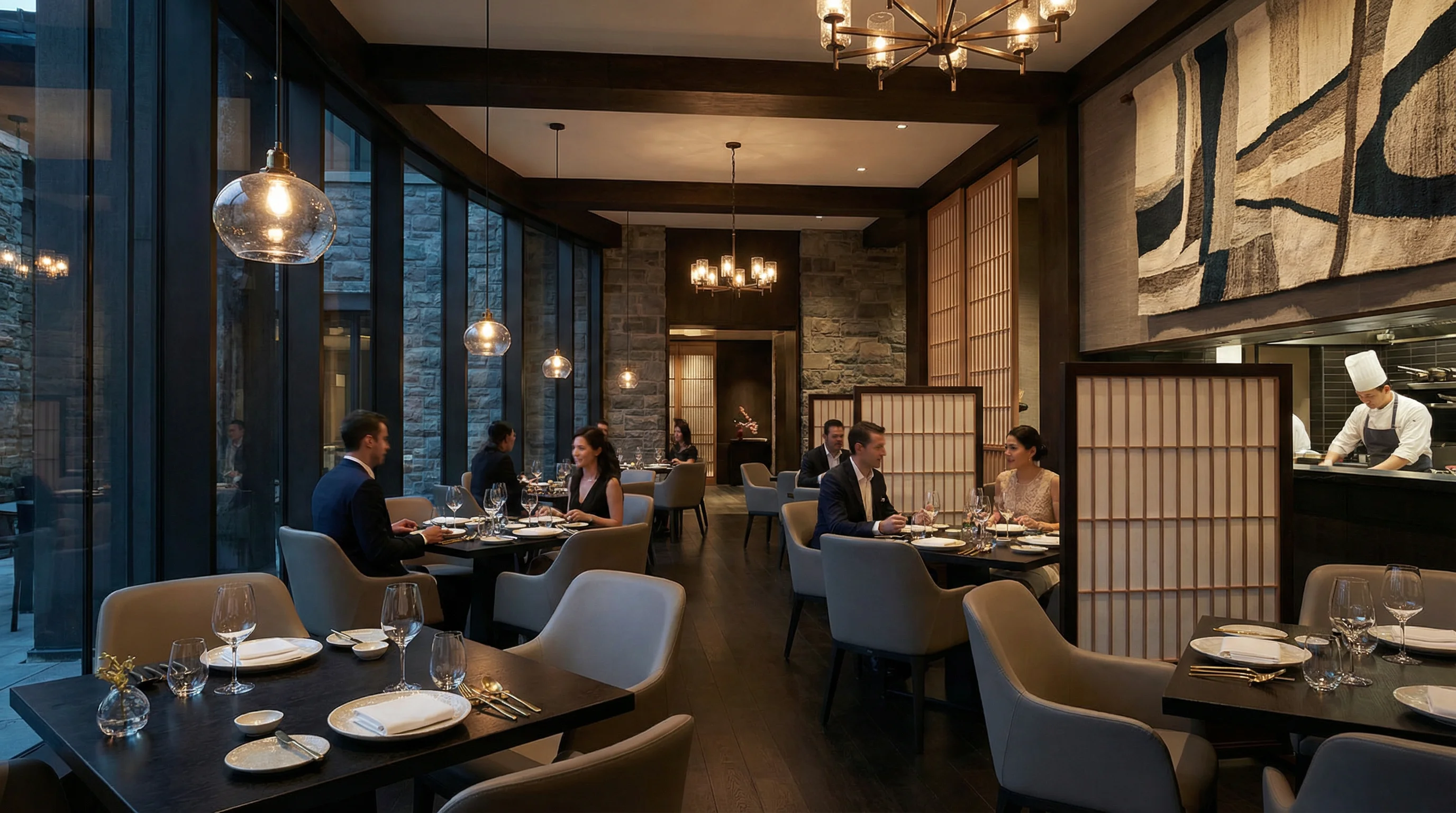 Upscale restaurant interior with elegant dining setup