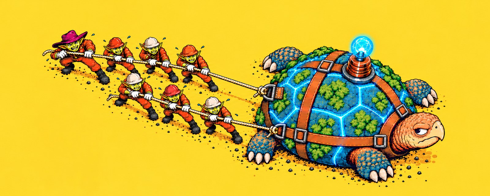 Seven goblins in hard hats haul a giant electric tortoise on ropes.